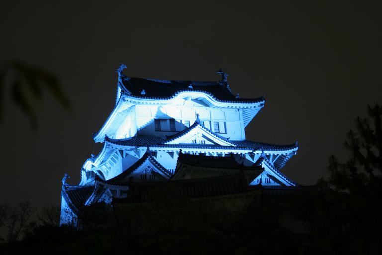 Blue Himeji Castle at night 08.jpg ja 2008年11� �14日の� � �� �世界糖尿病デー� �のテーマカラーのブルーにライトアップされた姫路城� �北側から天守閣� 上部を撮影� � Own Corpse Reviver 2008-11-14 ...