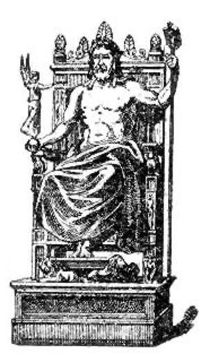 Posag zeusa.jpg Posąg Zeusa w świątyni w Olimpii był zaliczany przez starożytnych Greków do cudów świata Olbrzymi posąg siedzącego na tronie Zeusa dłuta Fidiasza został wykonany w chryzelefantynie po roku 430 p n e Dotrwał ...