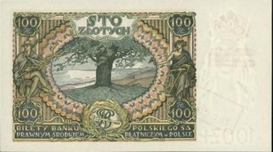 Rewers100złotychGG.jpg pl Rewers banknotu 100 złotych Generalnego Gubernatorstwa - przestemplowany zbiory własne Tadeo241 2010-12-16 Cc-zero Banknotes of Poland 1924-1939 999999 Banknotes with a face value of 100