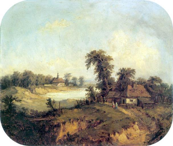 Szermentowski-Widok wsi kieleckiej.jpg Artwork en View of the Kielce cottage near Dębno pl Widok wsi kieleckiej okolice Dębna oil cardboard cm 21 2 25 5 Kraków Institution National Museum Kraków Scanned from Malarstwo Polskie Realizm ...