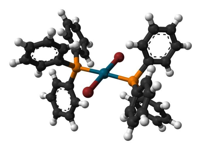 Trans-dibromobis(triphenylphosphine)palladium(II)-from-xtal-3D-balls.png Ball-and-stick model of the trans-PdBr<sub>2</sub> PPh<sub>3</sub> <sub>2</sub> molecule as found in the crystal structure of the tetrahydrofuran solvate X-ray ...