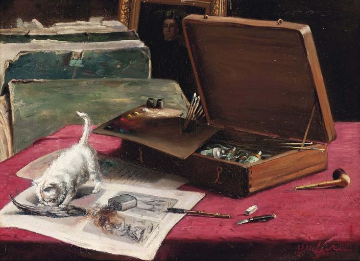 ...Mischief in the Artist's Studio' by Marie Yvonne Laur.jpg en Mischief in the Artist's Studio by Marie Yvonne Laur oil on canvas 26 3 x 34 5 cm Ottocento Ltd Petwoth West Sussex England Marie Yvonne Laur PD-US-unpublished PD-old-auto 1943 ...