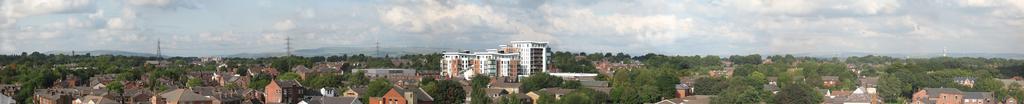 Prestwich panorama.jpg en Prestwich panorama - viewed from the tower of the Church of Saint Mary the Virgin The skyline is dominated by the Radius development in the centre of the image The development was completed in 2005 and forms the ...
