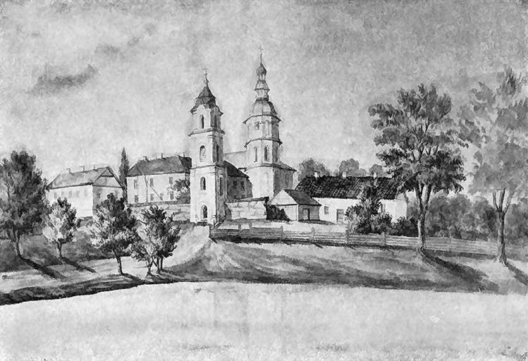 Nieśwież. Kościół i klasztor Benedyktynek. Rysunek Napoleona Ordy.jpg NIEŚWIEŻ Kościół i klasztor Benedyktynek Widok od strony wody Zespół klasztorny otoczony murem z dzwonnicą - bramą; za budynkami klasztornymi fragment ...