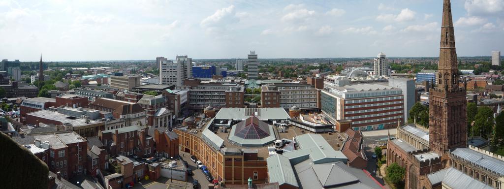 Coventry Cathedral Tower West Panorama.jpg en Coventry Cathedral Tower panoramic views taken on 3rd August 2011 by Si User mintchociecream This version released into the public domain via Wikicommons on 25 Aug 2011 West view - towards ...