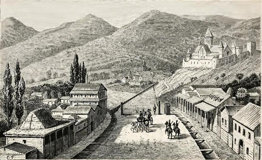 Telfer. Ananuri.JPG en Ananuri From Telfer John Buchan 1876 The Crimea and Transcaucasia; being the narrative of a journey in the Kouban in Gouria Georgia Armenia Ossety Imeritia Swannety and Mingrelia and in the Tauric range London H S ...