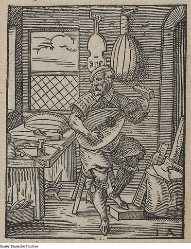 Fotothek df tg 0002186 Ständebuch ^ Handwerker ^ Lautenmacher ^ Lautenbauer.jpg Scan Deutsche Fotothek df_tg_0002186 color 2007 MIK-Center Berlin GmbH 88962186 ohne Seitenangabe Frankfurt Main Testudinarius Der Lautenmacher Papier ...