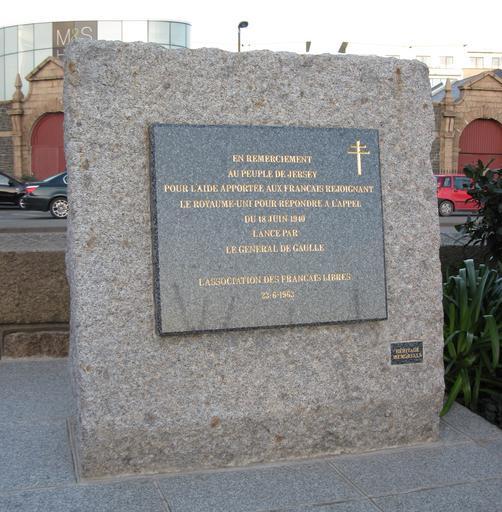 Free French memorial Saint Helier Jersey 2012.jpg Free French memorial Saint Helier Jersey Monument commemorating the Free French who passed through Jersey in response to Charles de Gaulle's Appeal of June 18 En remerciement au Peuple de ...