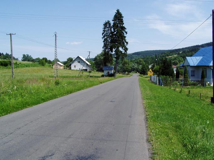 Nowa Wieś (powiat przemyski) 1.jpg Widok Nowej Wsi W oddali kapliczka pl wikipedia org pl Wikipedysta Birczanin 2006 pl Polish Wikipedia Wikipedysta Birczanin Nowa Wieś powiat przemyski