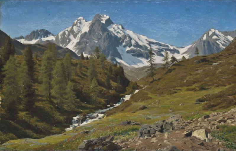 Alpine Torrent in the Spring by Henrik Gamst Jesperesen.jpg en An Alpine Torrent in the Spring by Henrik Gamst Jesperesen oil on canvas 18¼ x 28½ in Ottocento Ltd Petwoth West Sussex England Henrik Gamst Jesperesen PD-US-unpublished ...