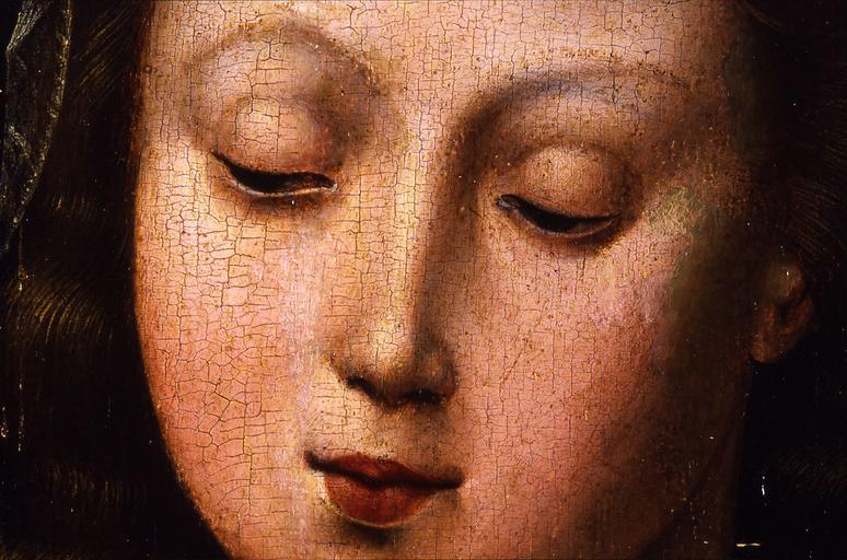 Joos van Cleve - Annunciation (detail1).jpg early other date century 16 oil oak panel cm 194 205 Museu de Arte Sacra do Funchal object history ProvenanceEvent discovery Igreja do Bom Jesus da Ribeira Funchal exhibition history credit line ...