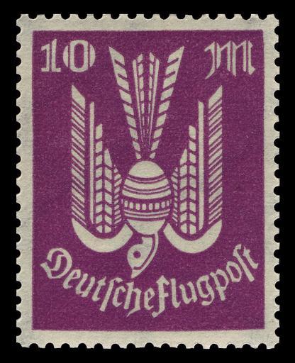 DR 1923 264 Flugpost Holztaube.jpg / Briefmarkenbeschreibung de Flugpost-Markenserie Holztaube en airmail stamp series wooden dove Ausgabepreis 10 Mark First Day of Issue / Erstausgabetag Mai 1923 Michel-Katalog-Nr 264 Deutsches Reich ...