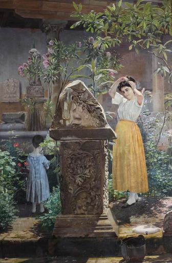 ...Picking Flowers in a Classical Garden' By Niels Fristrup.jpg en Picking Flowers in a Classical Garden By Niels Fristrup oil on canvas 38 x 25¾ in Ottocento Ltd Petwoth West Sussex England Niels Fristrup PD-US-unpublished PD-old-auto 1909 ...