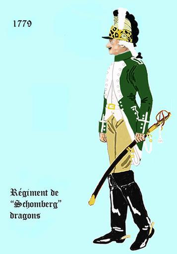 Schomberg dragons 1779.png fr l'uniforme du régiment de Schomberg dragons de 1779 - casque á la mode dans différentes variations possible de Uniform des französischen Dragonerregiments �Schomberg des Jahres 1779 - der Helm ist in ...