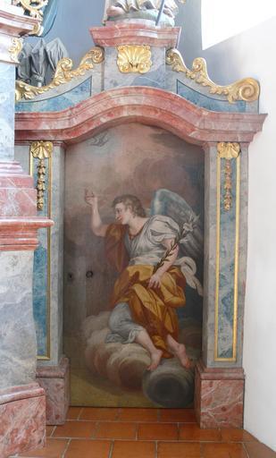 Bergatreute Pfarrkirche Hochaltar Türgemälde rechts Verkündigung.jpg Pfarr- und Wallfahrtskirche St Philippus und Jakobus Bergatreute Hochaltar Türgemälde von Johann Georg Schall Verkündigung rechts der Engel 1730 own own photograph ...