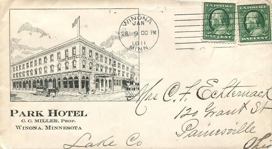 1911postmarkParkHotelWinonaMN.jpg en 1911 postmark on an envelope advertising Park Hotel in Winona Minnesota United States 191573780358 Park Hotel of Winona Minnesota 1911 Hotels in Minnesota Winona Minnesota Unclear-PD-US-old-70